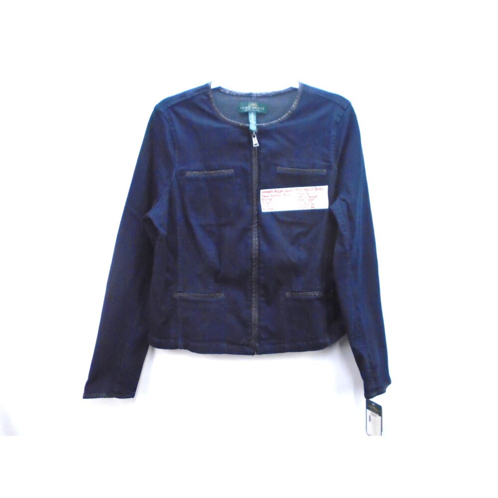 Ralph Lauren Womens Denim Biker MOTO Jacket Size 14 Dark Wash Faux Leather Trim